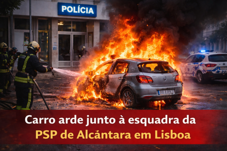 Carro arde junto à esquadra da PSP de Alcântara em Lisboa