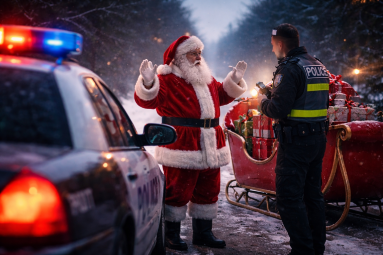 Pai Natal vestido de vermelho é mandado parar pela polícia numa estrada, com viatura policial ao fundo durante a época natalícia.