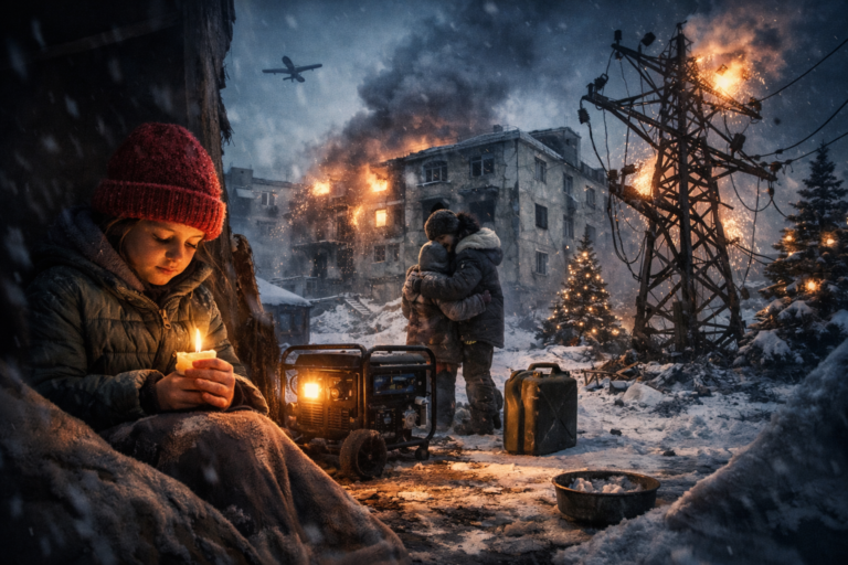 Ucrânia passa Natal com cortes de água e energia: crianças e famílias enfrentam frio e falhas no abastecimento após ataques Criança na Ucrânia segura uma vela durante cortes de energia no Natal, num bairro afectado pela guerra e por danos na rede eléctrica.