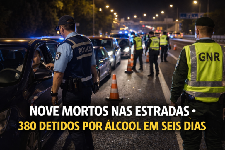Nove mortos nas estradas e 380 detidos por álcool em seis dias na operação Natal e Ano Novo Operação STOP da GNR e PSP com testes de alcoolemia numa estrada portuguesa durante a noite.