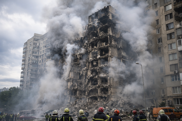 Edifício residencial destruído em Kiev após ataque com mísseis e drones