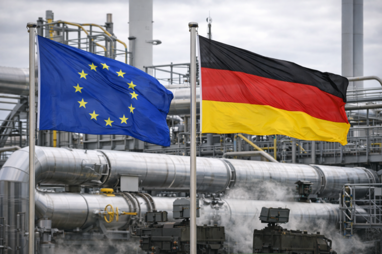 Bandeiras da União Europeia e da Alemanha junto a infraestruturas energéticas