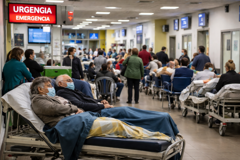 Urgências do Hospital Amadora-Sintra com sala cheia de doentes e macas durante período de elevada pressão no SNS