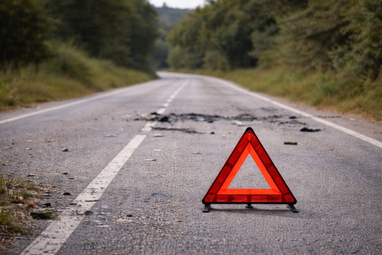 Triângulo de sinalização numa estrada em contexto de acidente rodoviário.