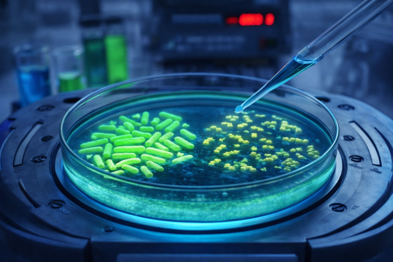 Bactérias em placa de Petri mostram dois padrões de sobrevivência após exposição a antibióticos