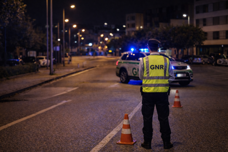 Militar da GNR a sinalizar uma ocorrência rodoviária durante a noite.