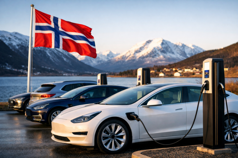 Carros elétricos em estação de carregamento na Noruega, país próximo de atingir 100% de vendas de veículos elétricos.