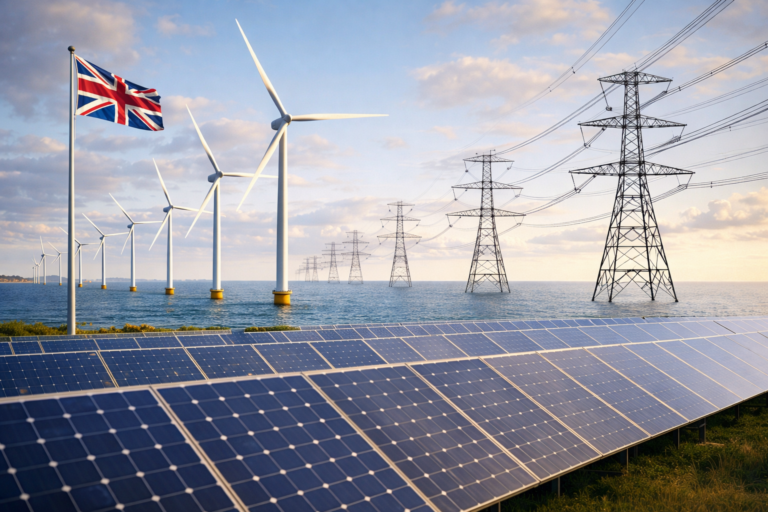 Produção de eletricidade renovável no Reino Unido com parques eólicos e solares em 2025.